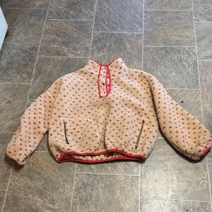 THE GREAT. Cream Sherpa Pullover with Red Trim